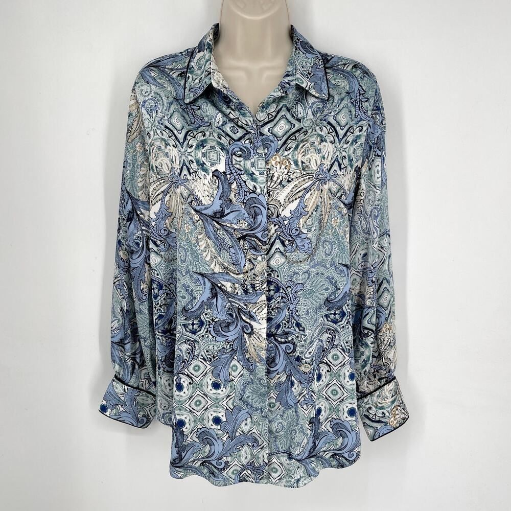 Chicos Blue Tapestry Print Woven Pattern Long Sleeve Shirt Sz 1 US 8/10 Blue
